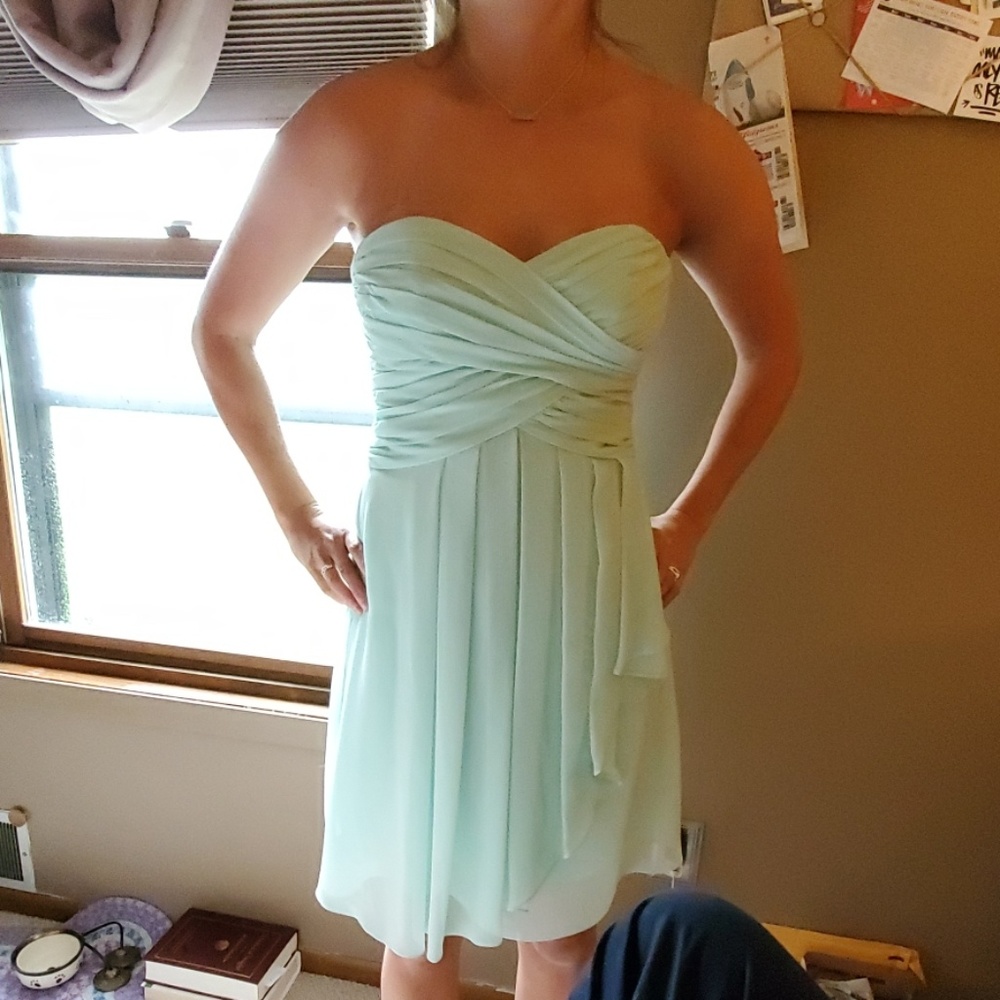 David's Bridal Mint Strapless Bridesmaid Dress